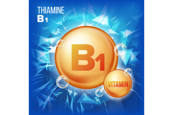 Vitamin B1 Thiamine Vector. Vitamin Gold for Beauty, Cosmetic, Health Promo Ads Design